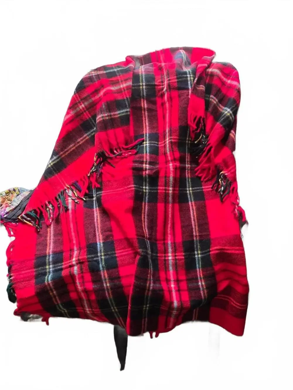 Vintage 1970's Troy Robe Red Black Plaid Wool Blend Fringe Throw Blanket 54x54